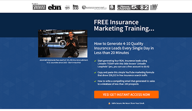 LeadPages customer, Jeremiah Desmarais generated this “Free Insurance Marketing Training” from the new Social Proof Giveaway Page inside LeadPages.