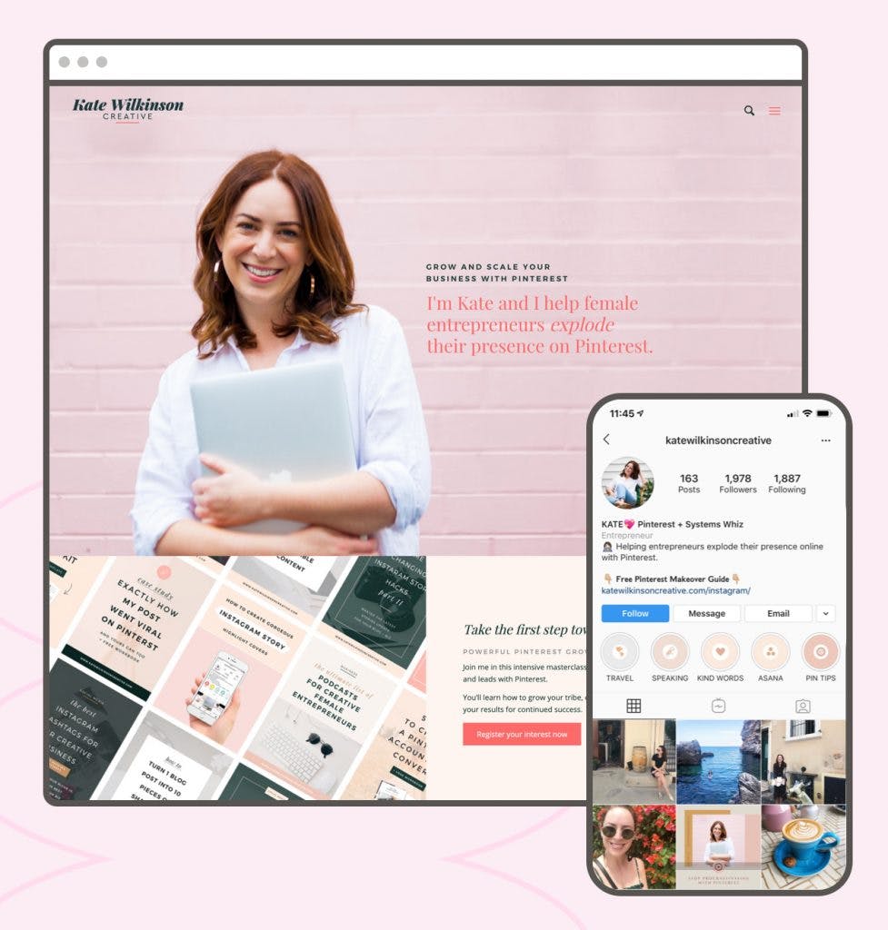 Leadpages Customer Kate Wilkinson Creative exhibits consistent branding across her website, landing pages, and social media platforms.